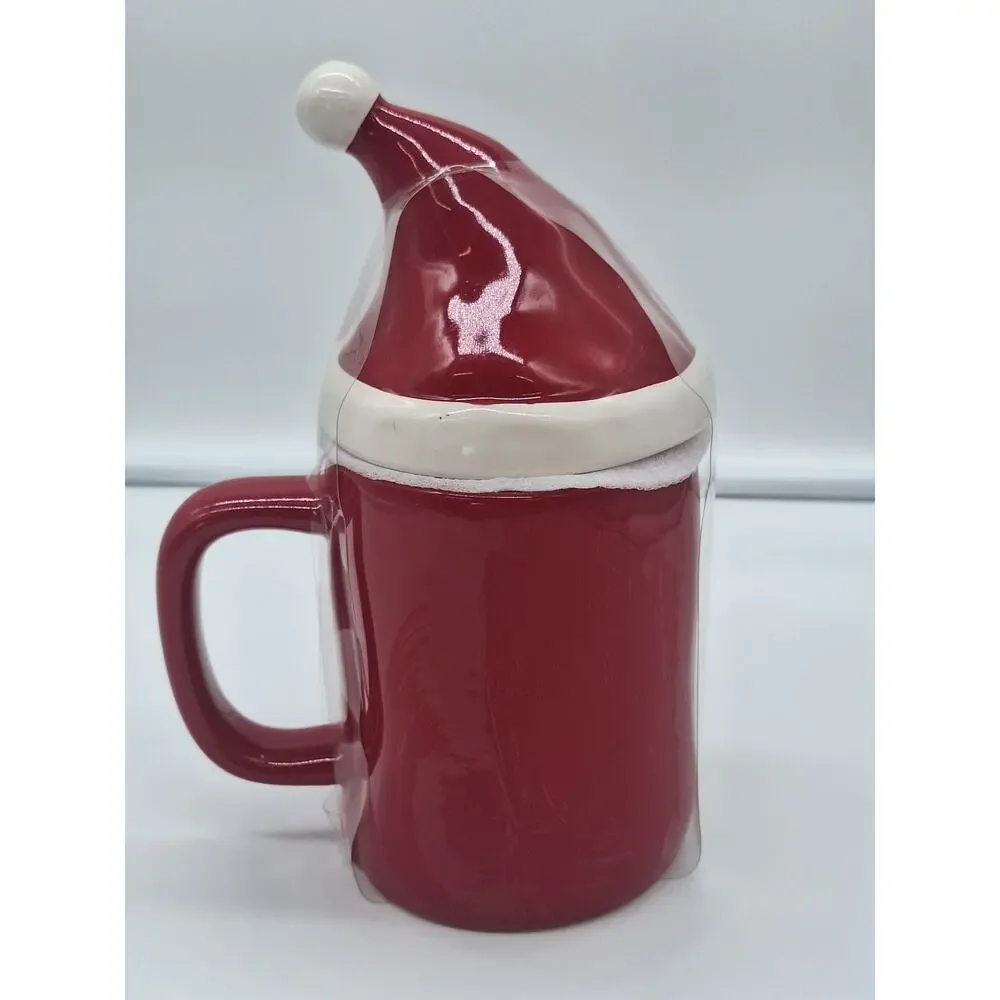 Brand New Rae Dunn Red Jingle Bells Christmas Mug with Santa Topper.